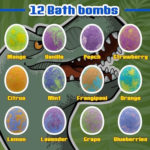 Easter Egg Bath Bombs for Kids with Surprise Inside, 12 Pack Kids Bath Bombs Gift Set for Easter Basket Stuffers, Dino Egg Bath Bomb Kit Fillers Bubble Bath Dinosaur Bath for Boys Girls Birthday
