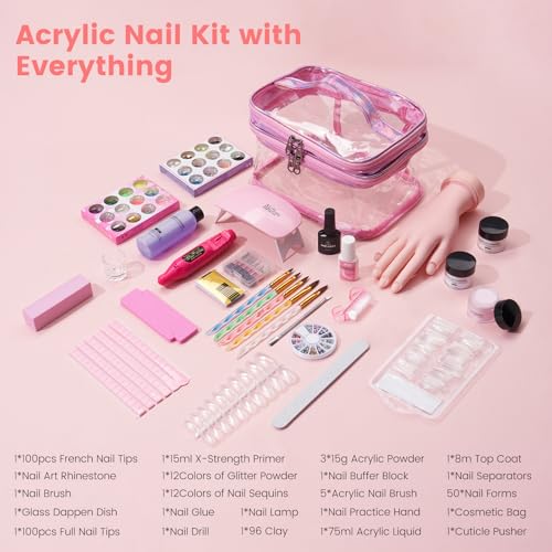 Nail Kit for Beginners with Everything: Professional Nail Acrylic Powder Liquid Set with Practice Hand Drill U V Light in Cosmetic Bag for Women Salon Home (Pink)
