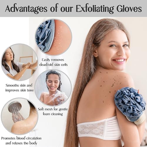 Deep Exfoliating Mitt Double-Sided Glove for Shower, with Long Exfoliating Washcloth Towel - Extreme Body & Back Scrubber Exfoliator, Body Massage Scrub & Bath Shower Loofah Sponge (2-Blue)
