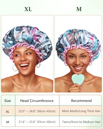mikimini Large Shower Cap for Women Reusable Waterproof, Adjustable Hair Cap for Shower with Double Layers, Tropic Style Hair Cover for Shower suit for Long Hair, Braids, 2 Pieces