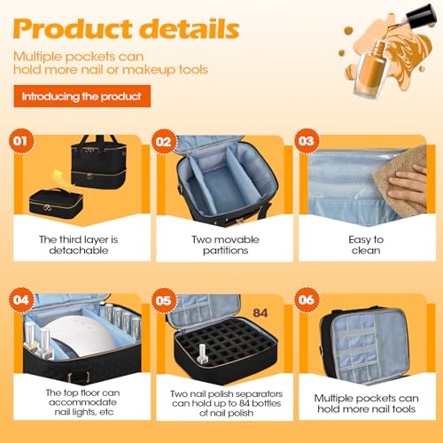 Nail Polish Organizer Case - Three Layer Nail Polish Storage Bag with Adjustable Dividers Holds 84 Bottles Nail Polish Nail Lamp Nail Kit Supplies Organizer Box - Black