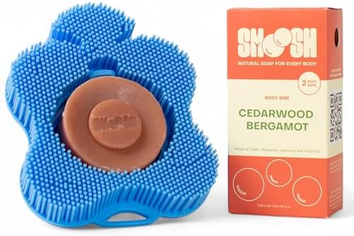 Smoosh® Body Scrubber, Blue & 2-Count Bar Soap, Cedarwood Bergamot - Silicone Body Scrubber with Embedded Bar Soap for Shower Exfoliation and Cleansing