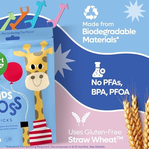 SmartLifeco Biodegradable Kids Flossers - Fluoride Free & Plant Based | Eco Friendly Dental Floss Picks for Children | Fun Animal Flossing Sticks for Toddlers Teeth | Compostable (200 Pack, Mint)