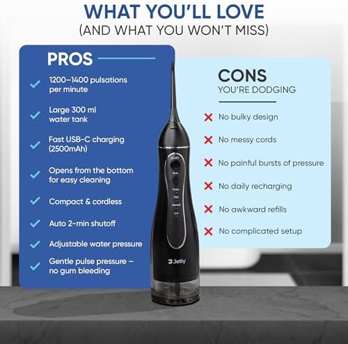 JETLY Water Dental Flosser Teeth Pick Cleaner: Travel Cordless Oral Irrigator 300ML Capacity Portable Rechargeable IPX7 Waterproof Electric Flossing Machine for Teeth Cleaning (Black)