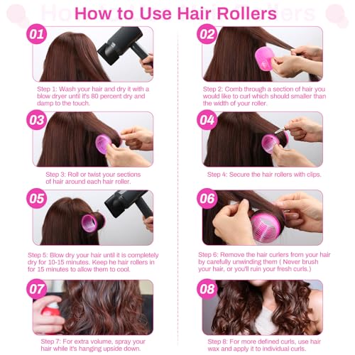 Jumbo Hair Rollers Set - 24 Pieces with 12 Large Rollers and 12 Clips for Voluminous Long Thick Hair (Hot Pink)