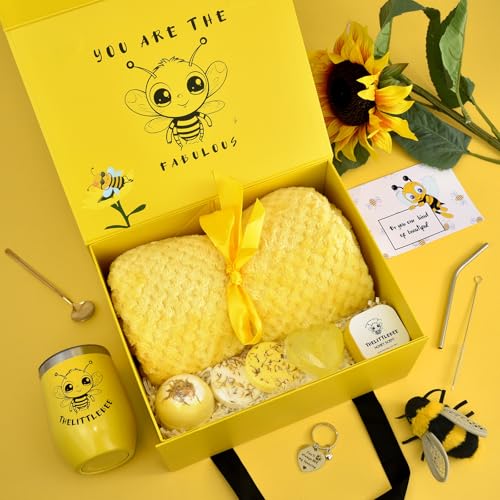 AMIND The Little Bee Yellow Gift Box for Women with Honey Scent Candle and Soap, Chamomile Bath Bomb, Shower Steamers, Cozy Throw Blanket, Yellow Tumbler, Heart Key Chain, Greeting Card and Gift Bag