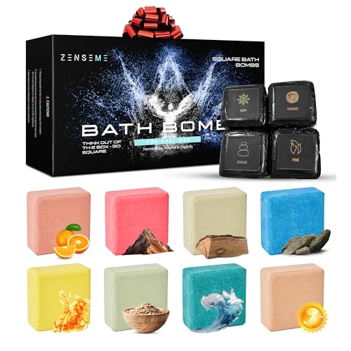 Bath Bombs for Men - Gift Set of 8 Scented Organic Handmade Natural Bath Bombs of 2.5 oz w/Natural Essential Oils, Unique Extra Strength Manly Scents, for Boyfriend, Husband, Father - Square Shape