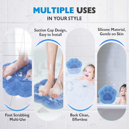 Silicone Shower Foot Scrubber Mat, 2025 New Wall Mounted Foot Back Cleaning Pad Back Washer Exfoliating Bath Wash Pad, Upgrade Shower Foot Back Scrubber Massage Pad (Blue)