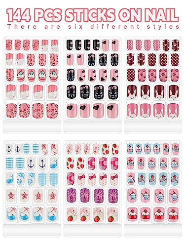 Kalolary 144 PCS Kids False Nail for Girls Gift, Press on Nail Color Short Fake Nails Artificial Nail Full Tips, Lovely Valentine's Day Gift for Little Girls Nail Art Decoration (6 Pack)