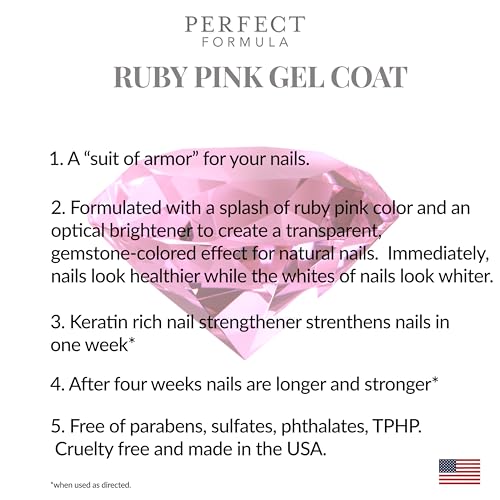Perfect Formula Ruby Pink Gel Coat - Nail Strengthener, Keratin Nail Treatment, Gemstone Pink Gel Nail Polish - Nail Strengthener for Damaged Nails - Made In The USA .60 fl oz.