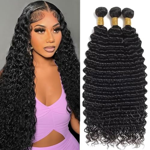 Deep Wave Human Hair Bundles, 20 22 24 Inch, 100% Unprocessed Brazilian Virgin Hair, 3 Bundles, Deep Curly, Black,Sew-In Installation, Wavy Style Keep Texture Silky Soft