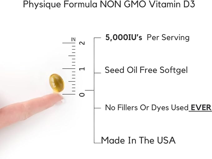Physique Formula Vitamin D3 5000 IU (125 mcg) in Olive Oil All Natural Non-GMO Vitamin D3 Softgels to Support Muscle, Bone,& Immune System Health