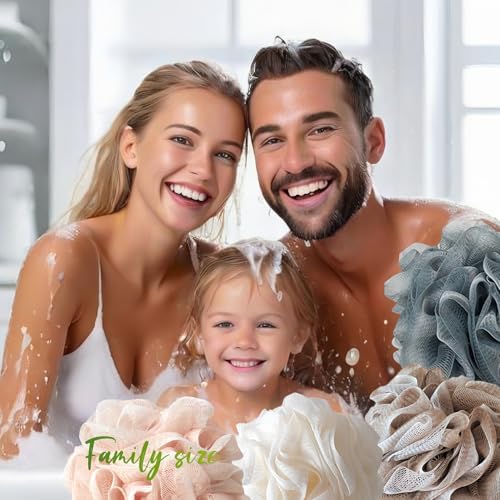 Loofah-Bath Sponge Set-Large, 4 Pack Bath Scrubbers, Soft Mesh Family Use Puff-Cleansing Body Scrub for Men and Women: Skin Soothing Exfoliation Tools (Dark Blue-White-Pink-Light Brown-60g)