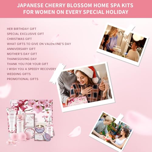 Bath and Body Gift Set for Women & Girls - Japanese Cherry Blossom 7-Piece Luxurious Home Spa Gift Set with Shower Gel, Body Lotion, Bath Oil, Bath Salts, Soap, Bath Bombs, and Candle