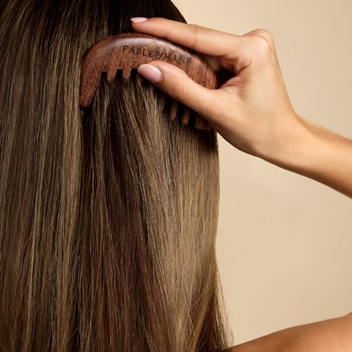 Fable & Mane Scalp Massager Comb, Wide-toothed, 100% Natural Ebony Wood, Detangles Strands and Gently Massages the Scalp
