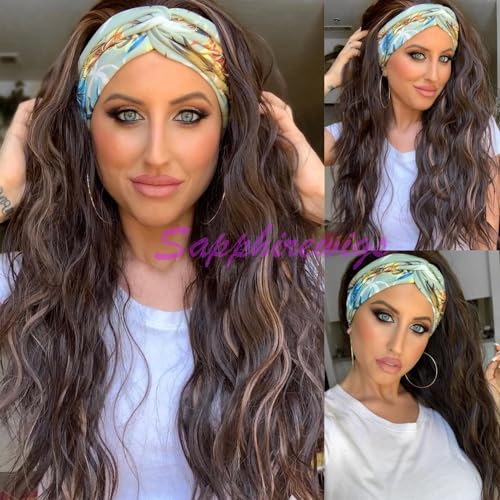 SAPPHIREWIGS Headband Wig Loose Body Wavy Glueless Synthetic Hair for Black Women Wave None Lace Front Wigs Mix Brown Color Headband Wigs 150% Density 26inches