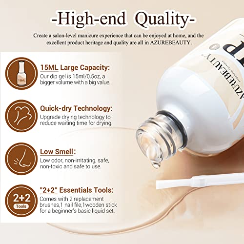 AZUREBEAUTY 4+4pc Dip Powder Liquid Set, 15ml/0.5oz, with Base/Top Coat, Activator, Brush Saver, Nail File– Fast Drying Formula, No UV Light Needed ﻿