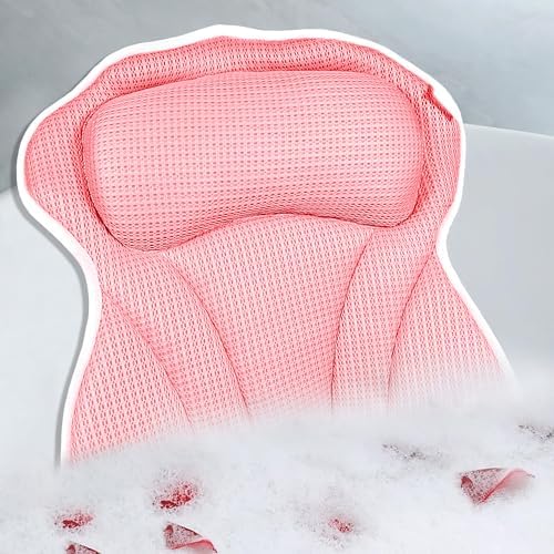 Bath Pillow, Bath Pillows for Tub Neck and Back Support, Bathtub Pillows for Head and Neck with 6 Strong Non-Slip Suction Cups, 4D Air Mesh, Bath Accessories Spa Gifts for Women(Pink)