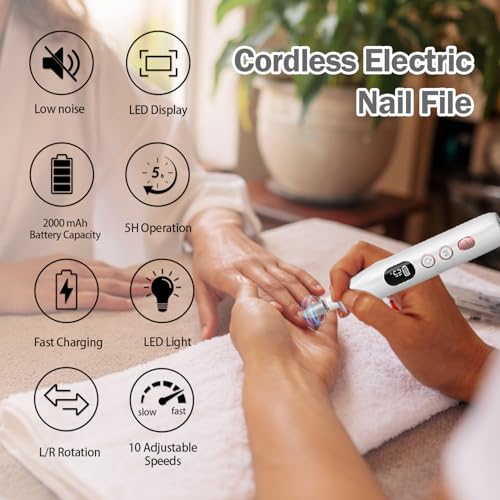 Cordless Electric Nail File Set, 10 Speeds Professional Manicure Pedicure Kit with LED Light, Portable Nail Drill for Natural & Acrylic Nails, Human & Pet Thick Toenails, w 120*Sanding Bands (White)