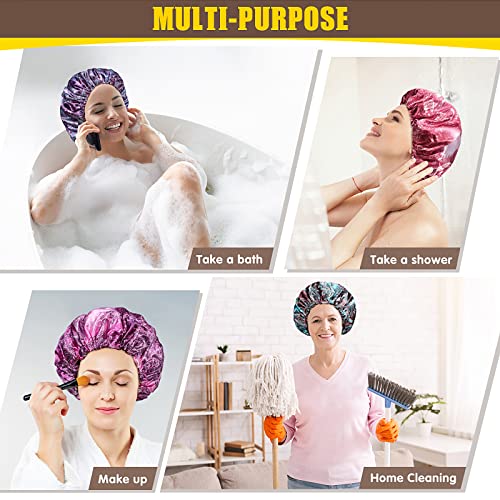 4 Packs Shower Caps, Extra Large Adjustable Double Layer Waterproof Hair Cap for Women, Waterproof Exterior & EVA Lining, Oversized Design for Long Thick Hair (Starlight Printing, X-Large)