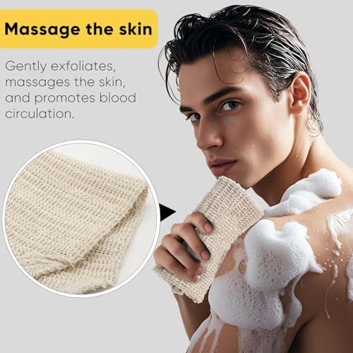 Natural Sisal & Ramie Exfoliating Body Scrubber for Shower with Handle（2pcs） - Deep Cleanse Back Scrubber, Scrub Spa Tool for Glowing Skin & Whole Body Care (2pcs)