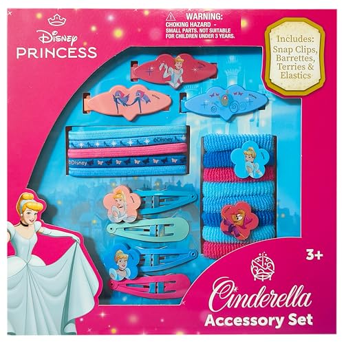Luv Her Girls' Hair Accessories Set - 20 Pack Featuring Disney Cinderella - Includes 3 Barrettes, 4 Snap Clips, 5 Elastics, 8 Terry Ponies - Everyday Wear, Special Occasions, Ages 3+