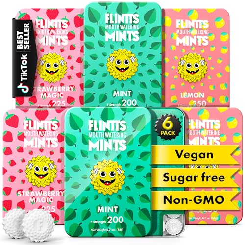 Flintts Mints 2x After Party Pack - Mint (2), Strawberry Magic (2), Lemon(2) - Sugar Free & Vegan, Mouth Watering Mints for Oral Health - Breath Freshener Mint Pocket Size - Dry Mouth Products