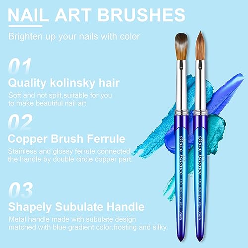 Acrylic Nail Brush Size 10, 100% Pure Kolinsky 3D Art Nail Brush with Gradient Blue Handle, Art Design Powder Nail Brush Pen for Nails Extension & Carving, Acrylic Application Tools