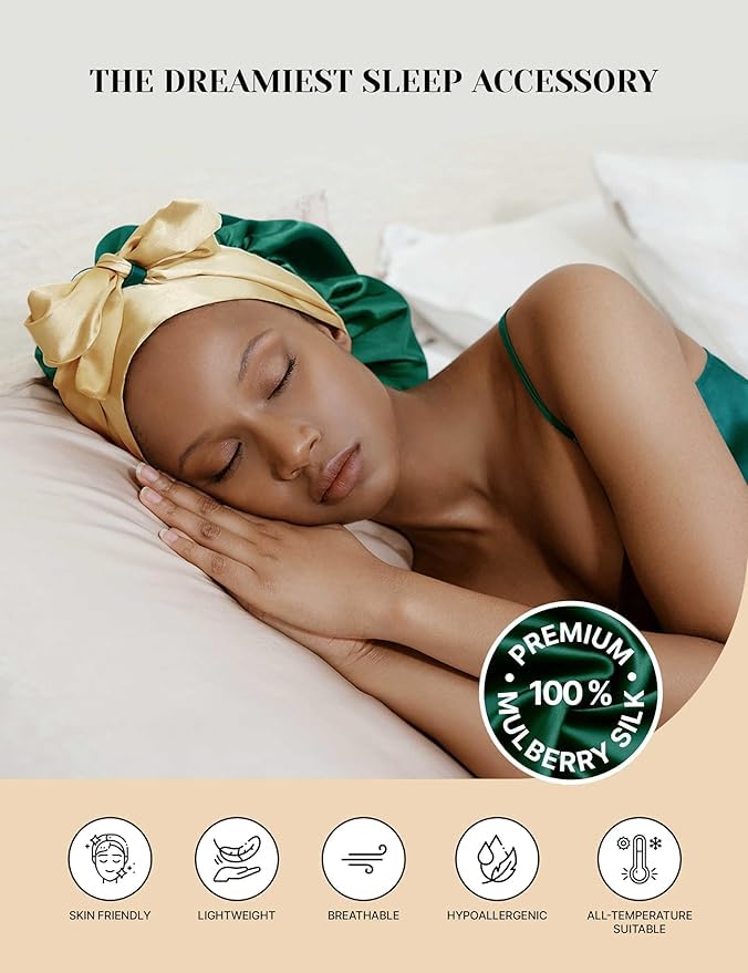 Real Silk Bonnet for Sleeping Women with Curly, Straight, & Fine Hair – Hair Cap for Sleep – Premium Alternative to Double Layer Satin Bonnet – Silk Hair Wrap for Sleep with Wonder Loop Tie – Green