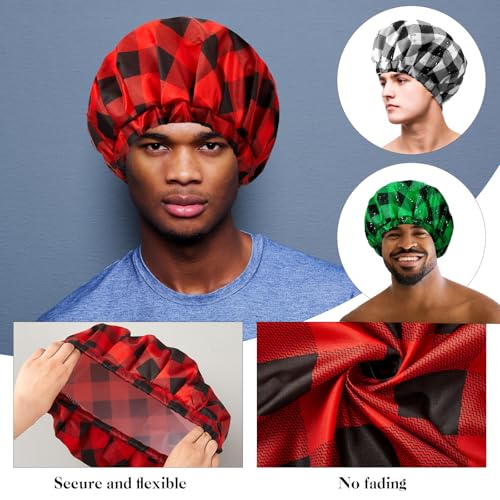 Shower Cap for Men Waterproof Reusable Large Bath Cap Men for Dreadlocks, Braids, Curls, Locs, Curly Hair, 3 Colors(Plaid Pattern)