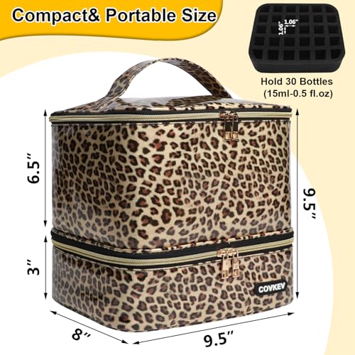 PU Leather Nail Polish Organizer Bag Holds 30 Bottles (15ml - 0.5 fl.oz) & Nail Lamp, Portable Nail Kit Storage Carrying Case, Double Layer Nail Supplies Organizer Handbag (Leopard)