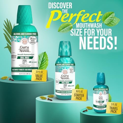 GuruNanda Fresh Breath Mouthwash, ADA-Accepted, Alcohol & Fluoride-Free, Sodium Chlorite, Essential Oils & Vitamins, 12-Hrs Fresh Breath, Wild Mint, 33.8 oz