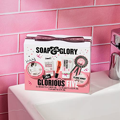 Soap & Glory The Glorious Five Skin Care Gift Set - The Righteous Body Butter Cream, Hand Food Hand Cream, Clean on Me Shower Gel, Vitamin C Facial Cleanser & Exfoliating Body Scrub (5 Count)