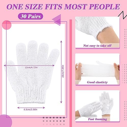 Ramede 30 Pair Exfoliating Glove Double Sided Exfoliating Bath Gloves Pack Nylon Colorful Shower for Men Women Beauty Spa Massage Shower Deep Clean Body Skin Bathing Scrubber Disposable(White)