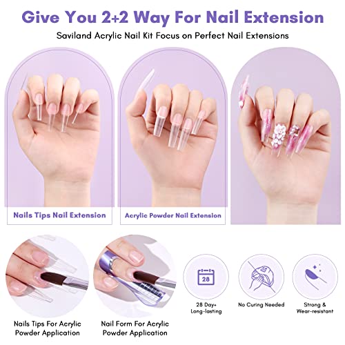 SAVILAND Acrylic Nail Kit with Drill: 15g White Pink Clear Acrylic Powder and Liquid Set with False Tips Nail Forms Brushes Primer Top Gel Manicure Tools Kit with Everything for Beginners Home DIY