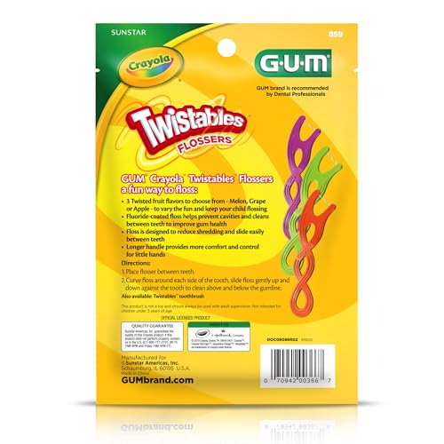GUM Crayola Twistables Kids Flossers with Fluoride - Designed for Little Hands - Three Fun Fruit Flavors - Easy to Use Kids Floss Picks for Children Ages 3+, 90 Count (Pack of 4)
