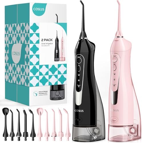COSLUS 2 Pack Cordless Water Flosser with Elegant Packaging for Teeth, Braces, Gums Care - Easy to Use, Rechargeable, Waterproof, Portable for Travel, BPA-Free, Black & Pink, C20(F5020E)