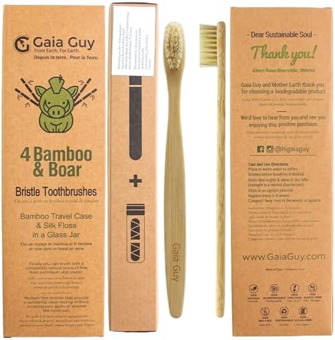 Gaia Guy Bamboo and Boar Bristle Toothbrush (4 Pack) + Travel Case & Silk Dental Floss | 100% Compostable Bristles and Floss | Eco-Friendly Dental Set | Biodegradable & Compostable Wooden Toothbrushes