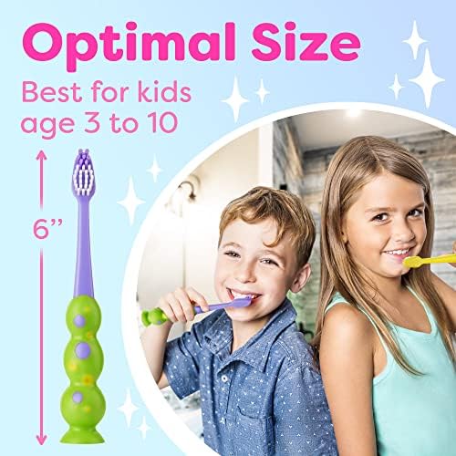 Kids Toothbrush 4 Pack - Soft Bristles with Suction Cup - Toothbrush Kids, Child Sized Brush Heads, 3-10 Year Old Kid Toothbrush with Easy Storage - Toddler, Girl and Boy Set (4-Pack, Multi-Color)