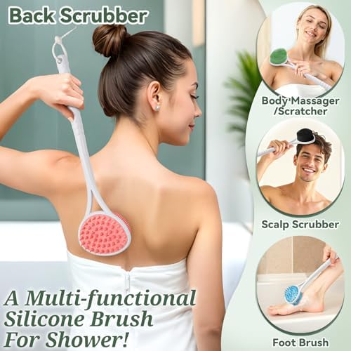 Silicone Face/Body/Back Scrubber Set, 15.35’’ Soft Back Scrubber for Shower with Dual-Side Brush Head, Silicone Body Scrubber Facial Scrubber with Dense Bristles and Non-Slip Handle(Pink-3PCS)