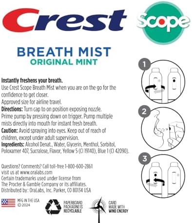 Crest Scope | One 4-Pack of Mint Breath Mist Sprays (4 Total Sprays) - 0.24 Ounce (7mL) - Made in an FDA Audited USA Facility