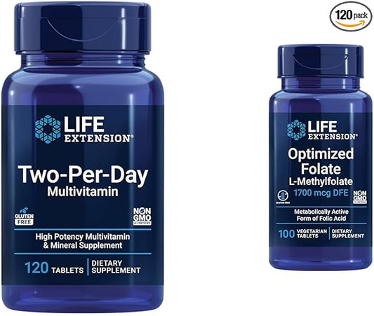 Life Extension Two-Per-Day 120-Tablet Multi-Vitamin & 1700mcg Optimized Folate 100-Tablet Heart & Brain Support Bundle