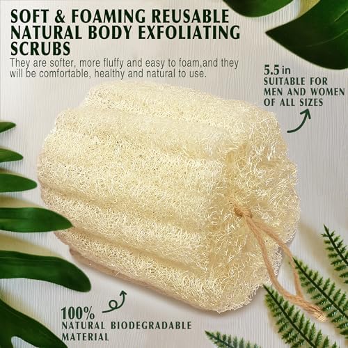 Natural Shower Loofah Sponge, Bath Exfoliating Loofa Body Scrubber, 5.5 “Soft and Easy Foaming Spa Lufa Sponges (3 Pack)