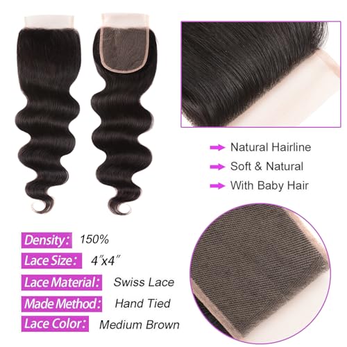Body Wave Bundles Human Hair 18 20 22 24 Inch 4 Bundles Natural Black Brazilian Virgin Hair Weave 10A Grade 100% Unprocessed Real Human Hair Extensions for Women