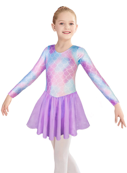 girls skirted leotards 6t 7t long sleeves mermaid purple gymnastic dance dress (Baby Girls/Toddler Girls/Big Girls) (S Long Sleeves Mermaid Purple, 130(6-7 years old))