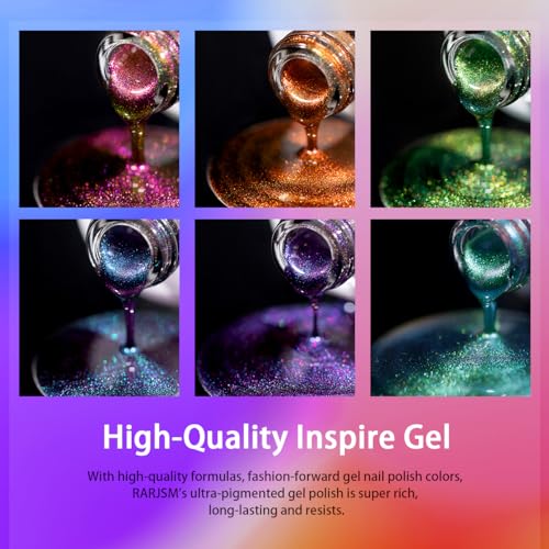 RARJSM Chameleon Gel Nail Polish Multichrome Gradient Color Changing Dark Blue Purple Orange Green 6pcs Set 7.5ml Shimmer Glitter Gel Polish Curing Requires Soak Off Sparkle Chrome Nail Gel Varnish