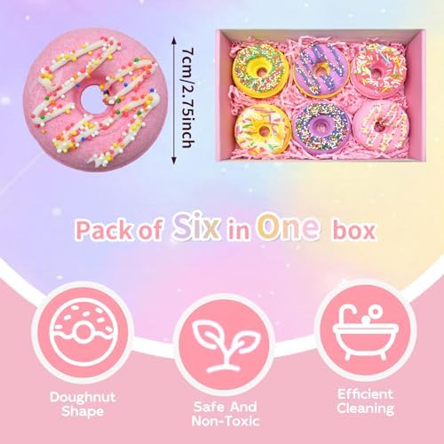 6 Pieces Donut Bath Bombs Gift Set for Kids - Scented Spa Bath Ball Fizzies with Surprise Bracelets Inside, Essential Oils, Moisturizing Bath Treats, Doughnut Princess Party Favors for Girls Women