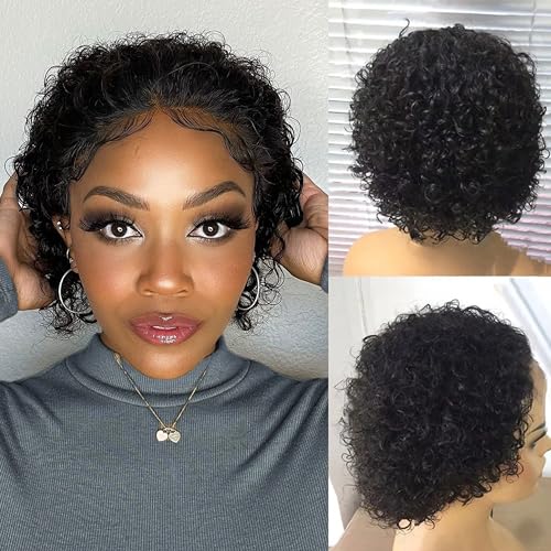 Pixie Cut Wig Human Hair 4X4 HD Lace Short Curly Wigs Wear and Go Glueless Wigs Pre Plucked Pre Cut Short Curly Glueless Bob Wigs Human Hair for Women 6 inch Natural Color