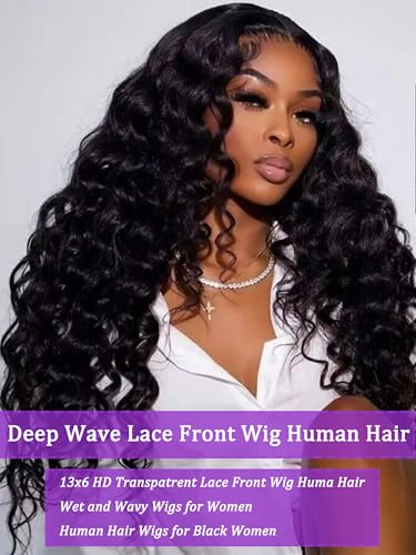Deep Wave Lace Front Wig 13x6 Soft Remy Virgin Human Hair 180% Density HD Lace Frontal Wigs for Black Women Natural Color Pre Plucked Hairline