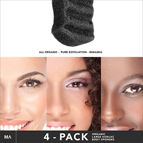 Minamul Konjac Exfoliating Organic Body Sponge | Gentle Daily Body face Scrub/Skincare | Infused with Best Bamboo Activated Charcoal | Safe for Oily, Dry, Combination or Sensitive Skin | 4 Pack Set
